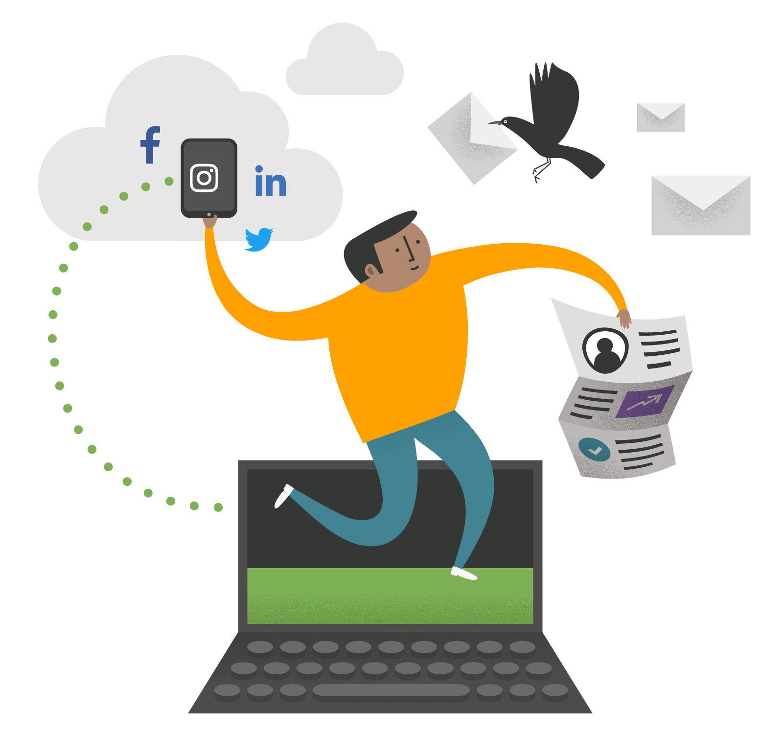 Person surrounded by marketing technology symbols